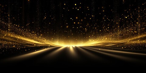 Glowing golden light effect on black background. Glittering abstract illustration. Luxury graphic design premium