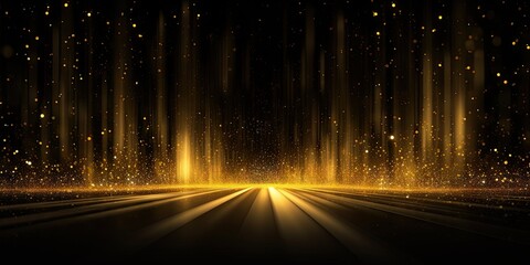 Glowing golden light effect on black background. Glittering abstract illustration. Luxury graphic design premium