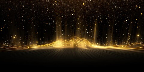 Glowing golden light effect on black background. Glittering abstract illustration. Luxury graphic design premium