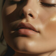 © Екатерина Ракунова - Close up of beautiful face. Glow skin and plump lips with natural makeup. Part of face, highlighter, shimmer, bronzer. Make up concept. Portrait of young woman with closed eyes. Mouth slightly open.