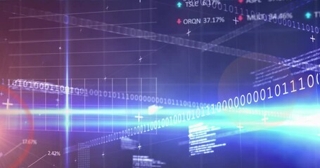 Animation of lens flares over looping binary codes, trading board and graphs with changing numbers