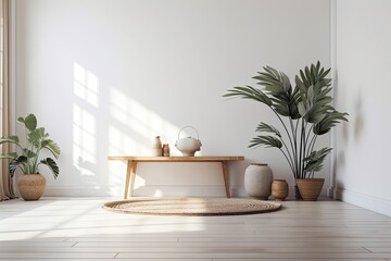 Wall Mural - Background of an empty interior, a room with a white wall, a wooden desk, and a floor. Generative AI