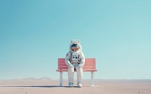 Astronaut Sitting On A Bust Stop Bench. Back To School Conceptual Background. AI Generated Image