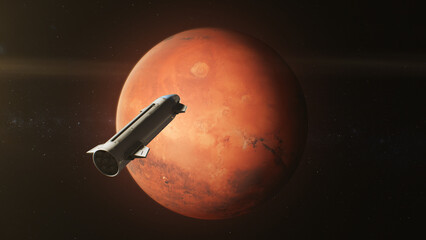 cinematic 3d graphics of mars rotating in outer space. spacecraft orbiting red planet. manned resear
