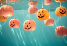 Halloween Pumpkins Decoration Submerged Underwater. Teal And Orange Bright Sunny Background. AI Generated Image