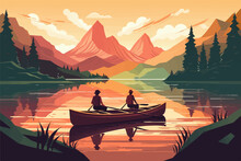National Park Poster Featuring A Couple In A Tandem Kayak On A Lake With Mountains In The Background