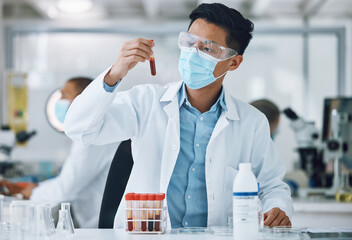 Sticker - Test, blood sample and scientist doing research with face mask in a laboratory for medical analysis in a lab. Science, medicine and professional Asian man working on exam of DNA in a vial tube