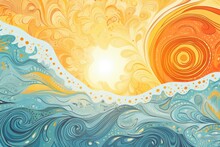 Sunset Landscape Boho 70's Style Retro Graphic Design, Blue Water Ocean Waves With Abstract Vintage Art Illustration, Orange Sun Color Gradient, Card, Poster, Sticker Design, Simple Nature Element