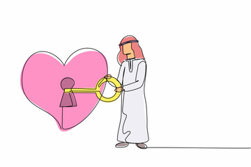 Wall Mural - Single continuous line drawing Arab businessman putting big key into heart. Male lover try to unlock woman's heart. Metaphor love, marriage invitation. One line draw graphic design vector illustration