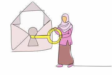continuous one line drawing arabian businesswoman put key into mail. personal internet safety user. 