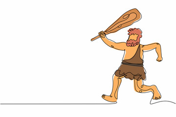 Wall Mural - Single continuous line drawing angry caveman run and holding cudgel. Prehistoric man hunter. Ancient man is running and hunting animal with cudgel. Dynamic one line graphic design vector illustration