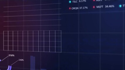 Poster - Animation of statistical and stock market data processing against purple gradient background