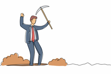 Wall Mural - continuous one line drawing happy businessman in hole prancing while lifting pickaxe with hands. mal