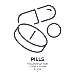 Wall Mural - Pill, drug, medicine editable stroke outline icon isolated on white background flat vector illustration. Pixel perfect. 64 x 64.