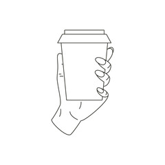 Woman hand holding coffee paper cup take away hot beverage pack minimal line art icon vector