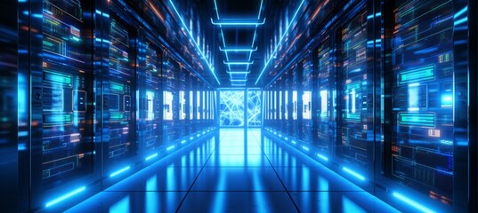 Fototapete - Super computer racks room data center background. Generative AI technology.	
