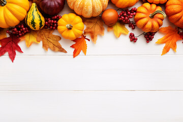 Thanksgiving background. Top view white wood table decor from pumpkin, red berry, dry leaves with copy space. Autumn and fall season background. Thanksgiving day or Halloween concept.