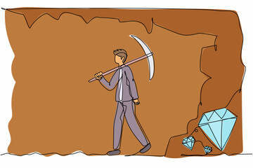 Wall Mural - Continuous one line drawing exhausted businessman give up before reach diamonds. Worker stop digging with pickaxe, not knowing precious diamond almost revealed. Single line design vector illustration