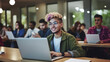 © GustavsMD - Smart Creative Male Student Studying in University with Diverse Multiethnic Classmates. Young Man with Colored Short Hair is Using a Laptop Computer in College. Generative AI.