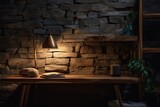 Fototapeta  - a stone wall and a lamp in the nighttime interior with a wooden shelf. Generative AI