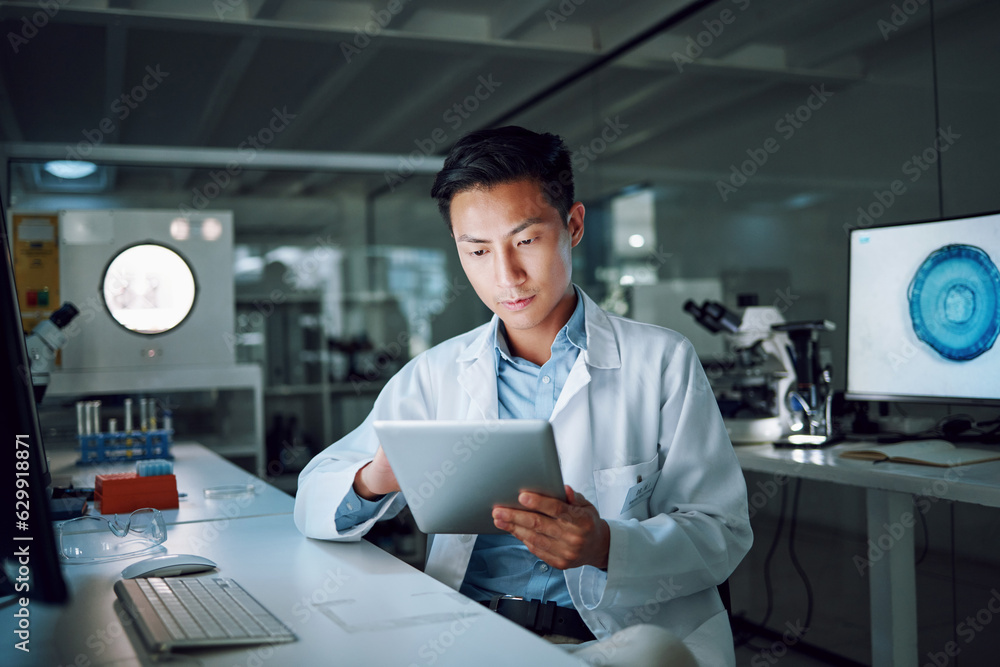 Tablet, planning and scientist with digital innovation, data and ...