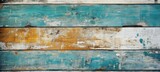 Fototapeta Przestrzenne - Old wooden plank board with peeling blue and yellow paint colors texture. Generative AI technology.