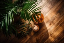 A Top View Mockup On A Wooden Background With Palm Leaves, A Glass Vase, And A Crimson Rowan Branch. Tropical Garden Background In Flat Lay With Text Friendly Area. Flat Lay Of A Palm Tree Themed Room