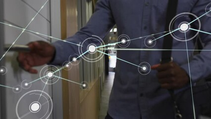 Sticker - Animation of dots connected with lines over african american businessman opening office door