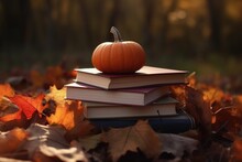 Autumn Books. Halloween Books. A Stack Of Books And Pumpkins On A Bright Yellow Background Of Autumn Foliage. The Concept Of Learning And Education. Back To School.Autumn Season. Generative AI