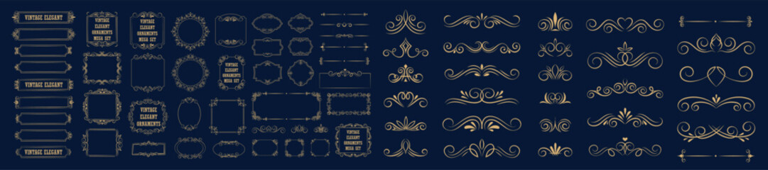 Wall Mural - Set of gold vintage frame and corners icon. Vector illustration.