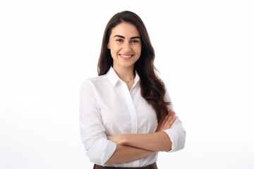 brunette business lady in white shirt smiling confident and cheerful with folded hands, isolated on white background. generative AI