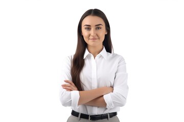 brunette business lady in white shirt smiling confident and cheerful with folded hands, isolated on white background. generative AI