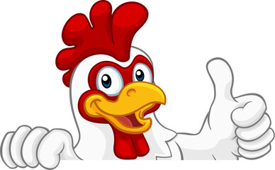 Sticker - A chicken rooster cockerel bird cartoon character peeking over a sign and giving a thumbs up