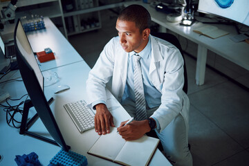 Aufkleber - Doctor, writing and night with computer in laboratory for medical research and study with healthcare. Paperwork, male professional and planning with data for biotechnology in clinic or hospital