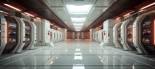 Fototapete - Futuristic retro data server room corridor background. Generative AI technology.