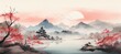 Nature mountain lake landscape traditional oriental painting style background. Generative AI technology.	