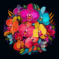 Canvas Print - Tropical orchid flowers on dark background in vector pop art style