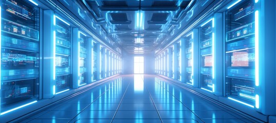 Fototapete - Data server room corridor background. Generative AI technology.	
