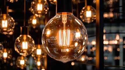 Classic retro lighting bulb in orange warm light shade, Object for interior decoration, Vintage Edison design.