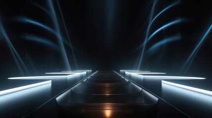 Wall Mural - empty dark futuristic sci fi big hall room with lights and neon light.