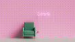 Cartoon living room with green armchair and retro neon Love banner 80's on empty pink wall background. Minimal concept of love. Minimal creative aesthetics. 3d render, 3d illustration.