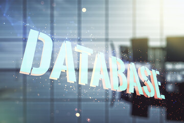 Wall Mural - double exposure of creative database word hologram on a modern meeting room background, research and