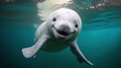 a curious baby beluga whale approaching the camera, showcasing its charming and intelligent demeanor