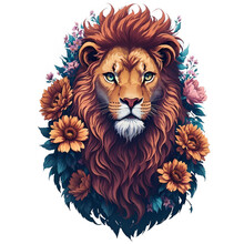 Watercolor Vintage Lion Head With Flowers PNG Design,  Can Be Used For The Logo, T-shirt Design, Posters, Banners, Greetings, Print Design, Generative Ai	