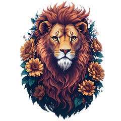 Wall Mural - Watercolor Vintage Lion Head With Flowers PNG Design,  Can be used for the logo, t-shirt design, posters, banners, greetings, print design, generative ai	