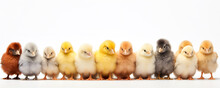 Panorama Of Many Young Fluffy Easter Baby Chickens Standing Against White Background