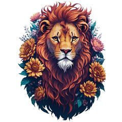 Wall Mural - Watercolor Vintage Lion Head With Flowers PNG Design,  Can be used for the logo, t-shirt design, posters, banners, greetings, print design, generative ai	