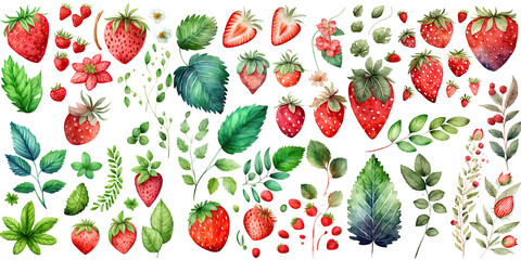 Wall Mural - Set of Strawberry watercolor collection of hand drawn, Strawberry Green and yellow color, Strawberry elegant watercolor , Strawberry isolated transparent background, PNG.