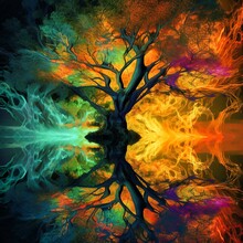 Abstract Fractal Art Of ATree Overhanging A Lake, Generative AI