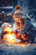 On A Cold Winter Day, A Little Boy Is Playing In The Snow, Building A Snowman